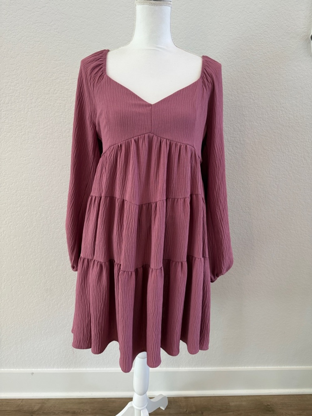Altar'd State Mauve Long-Sleeve Tiered Mini Dress